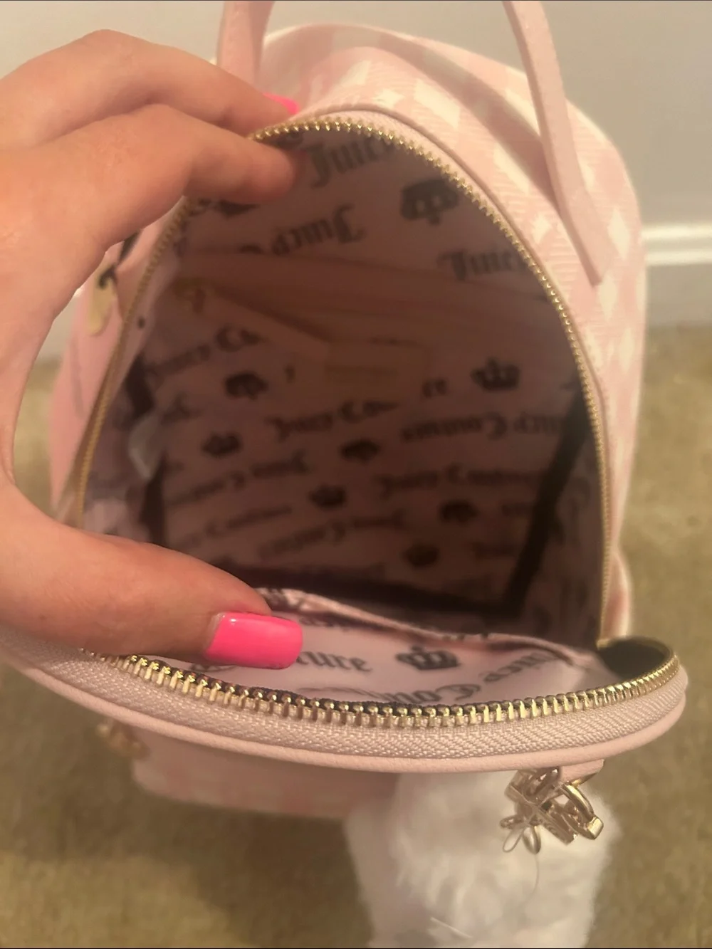 Juicy Couture Pink Gingham Mini Backpack with Fluffy Pom Charm